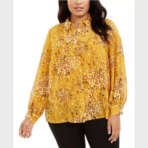 Alfani XL Printed Collared Button Up Long‎ Sleeve Career Work Blouse Top NWT